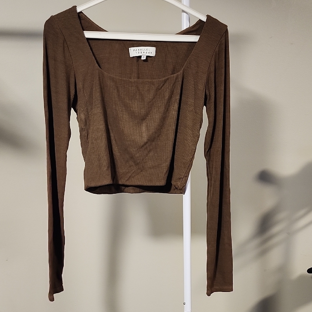 Elegant Brown Long Sleeve Crop Top Fitted Casual Chic